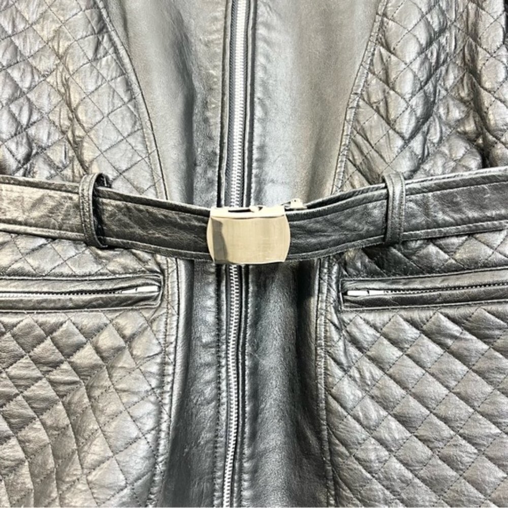 Black quilted leather 3/4 length belted jacket M - Picture 10 of 15